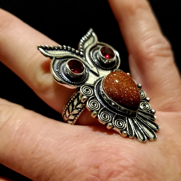 New Mystical Owl Garnet & Sun Sitara 925 Silver Ring. - Picture 3 of 8